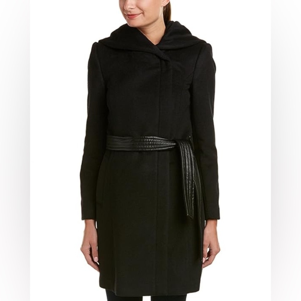 Cole Haan Women Belted Asymmetrical Wool Blend Coat Black Shawl Collar Hood 12